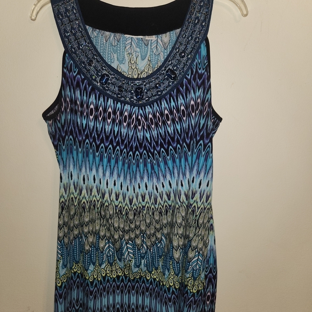 Cato Blue and Black Patterned Sleeveless Top W Bedazzled Neck